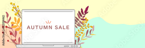 秋の葉とラップトップのカラフルなバナー