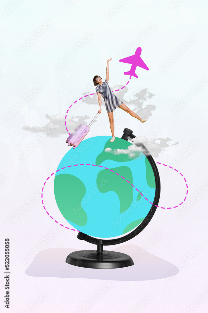 Φωτογραφία Template poster collage of happy woman tourist travel abroad around globe airpla