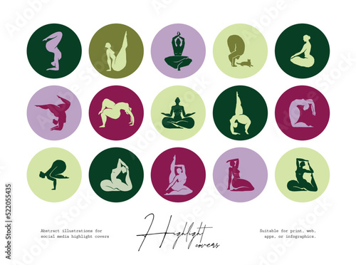Highlight covers with woman silhouettes in yoga poses and botanical illustrations for social media templates and logo design