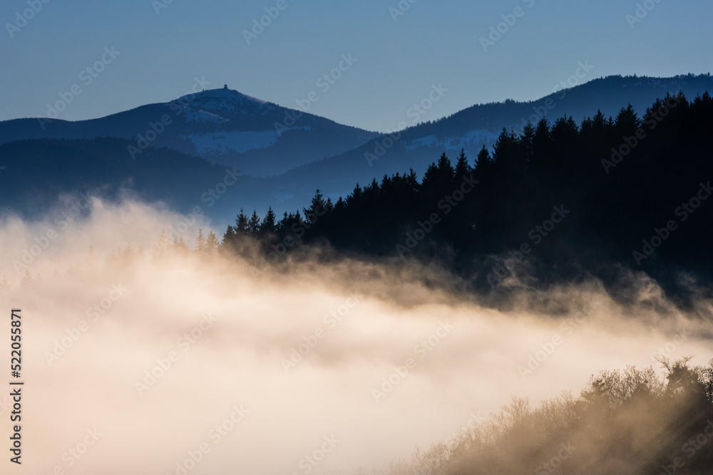 Brouillard, forêt et montagne Le Grand Ballon, Vosges, Alsace, France