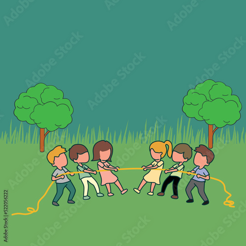Simple Vector illustration about a group of children playing tug of war. Kids playing tug of war at the park. Girls and boys pull rope, outdoor child games. line art modern design vector illustration