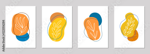 Autumnal minimalistic floral cards of hand drawn leaves and branches. Abstract art colorful trendy brochure template design. Modern graphic style autumn color flyer set. EPS 10 vector illustration.