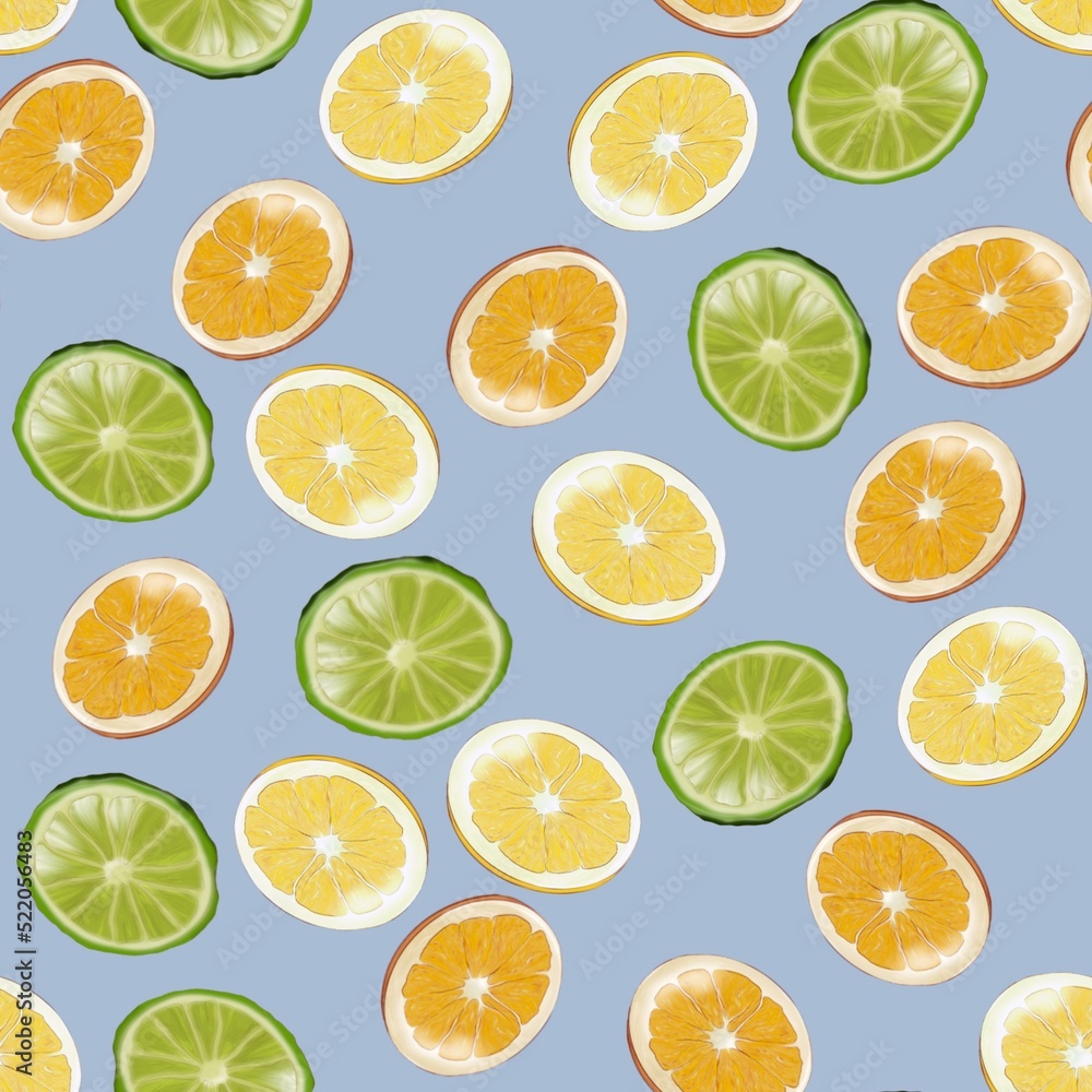 Seamless pattern with fruits, lemon and lime. Texture design on light blue background
