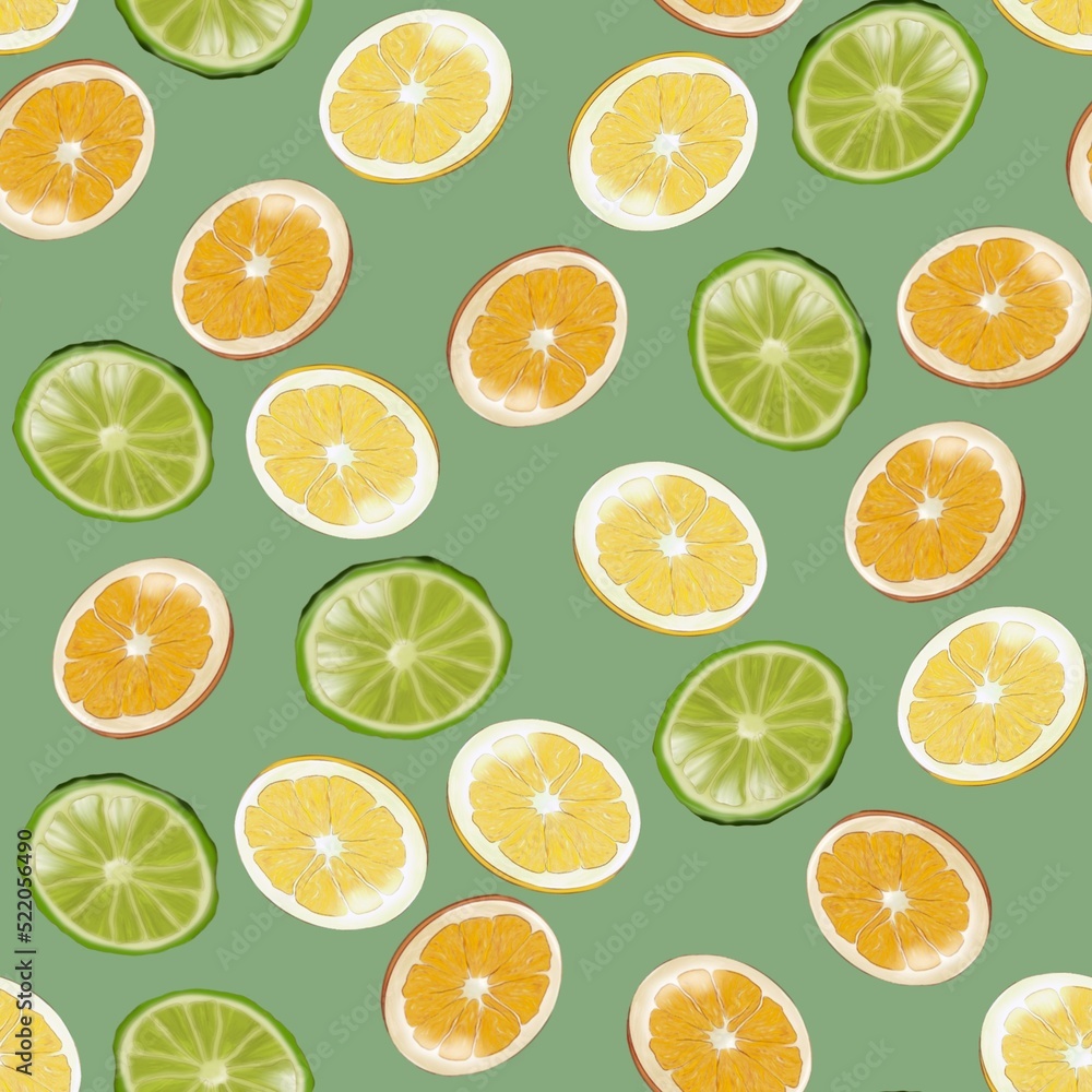 Surface pattern with  slices of citrus on a green background.  Citrus texture seamless pattern print background.	