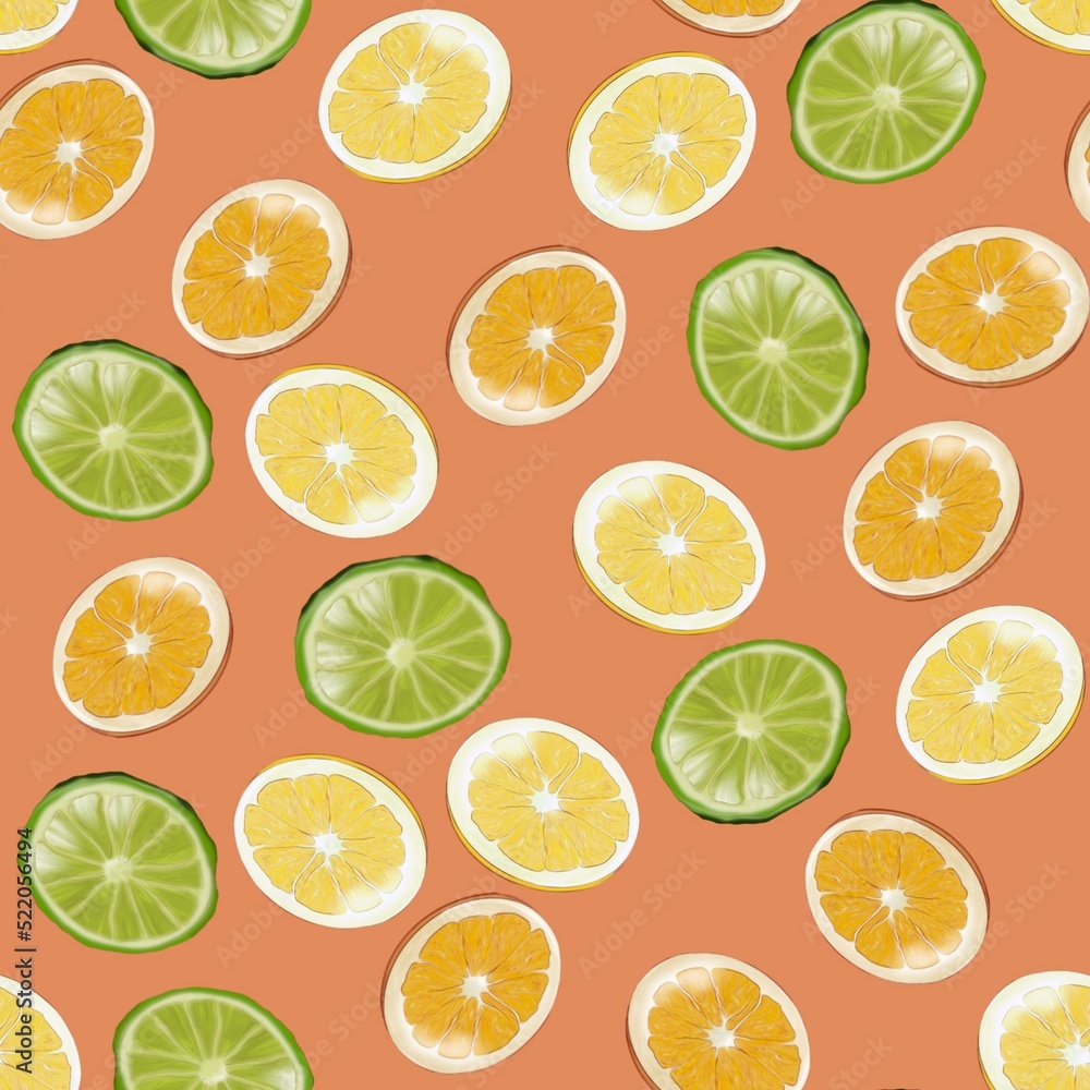 Surface pattern with slices of citrus on aт щкфтпу background.  Citrus texture seamless pattern print background.	