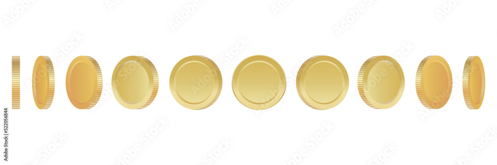 Vector set of gold coins rotating on white background for animation, flipping golden coins. 