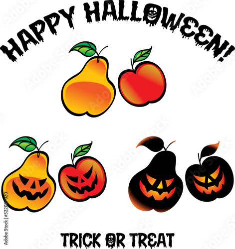 Dreadful laughing pear and apple - happy Halloween holiday image. Scary and spooky characters, illustration for greeting card. Isolated on white background.
