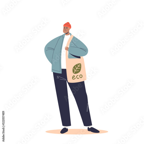 Hipster man carry products in textile eco bag natural green packing. Ecologically safety container