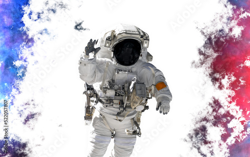Fototapeta Naklejka Na Ścianę i Meble -  High resolution astronaut isolated on white background. Space style dust splash. Science fiction. Elements of this image furnished by NASA