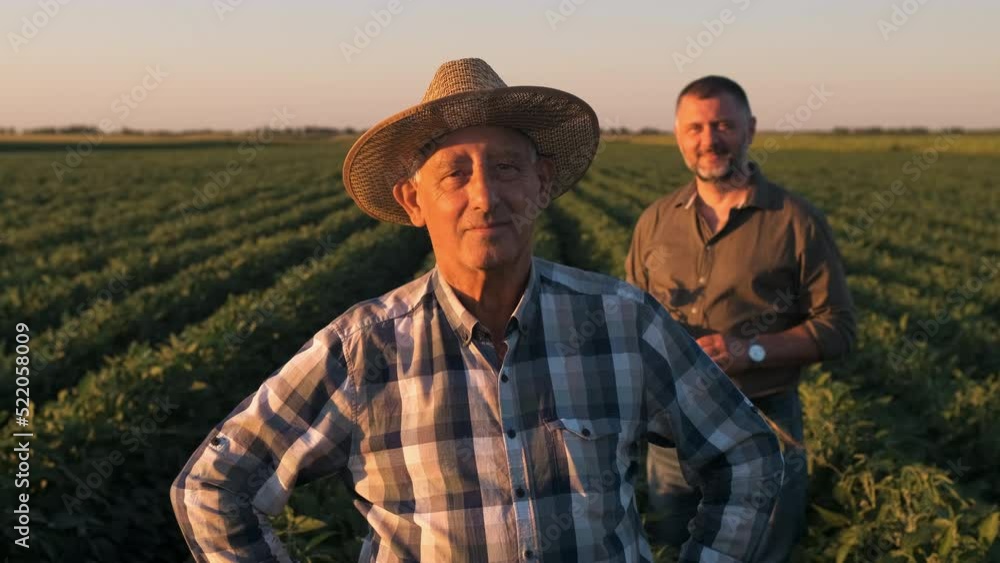 Portrait of two farmers in a field examining soy crop. Portrait of two farmers in a field examining soy crop.