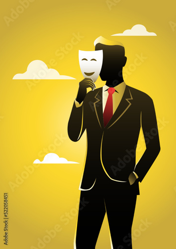 Businessman holding fake mask smile icon
