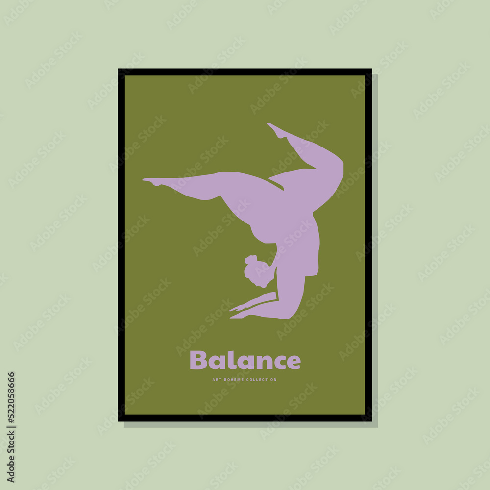 Abstract and colourful art poster with woman silhouette in yoga pose for wall art gallery Abstract and colourful art poster with woman silhouette in yoga pose for wall art gallery