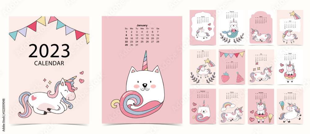 2023 table calendar week start on Sunday with unicorn that use for vertical digital and printable A4 A5 size 2023 table calendar week start on Sunday with unicorn that use for vertical digital and printable A4 A5 size