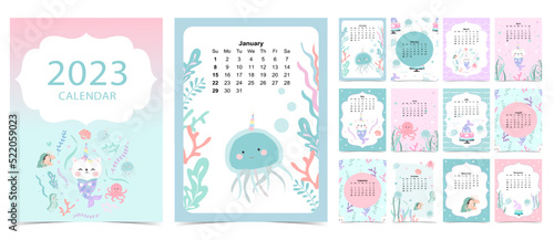 2023 table calendar week start on Sunday with mermaid and whale that use for vertical digital and printable A4 A5 size