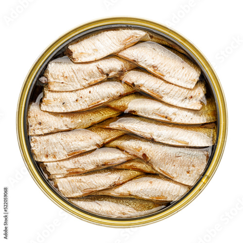 Smoked sprats in oil, canned seafood on a white background.