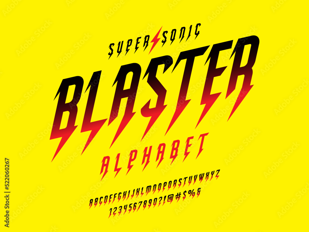thunder bolt style alphabet design with uppercase, numbers and symbol ...