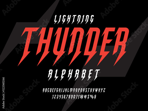thunder bolt style alphabet design with uppercase, numbers and symbol