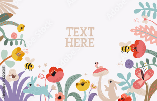Floral spring horizontal banner and space for your text. Bee, flowers, plants, cute rabbits and bunnies in pastel colors. Modern minimalist poster, greeting card, header for website