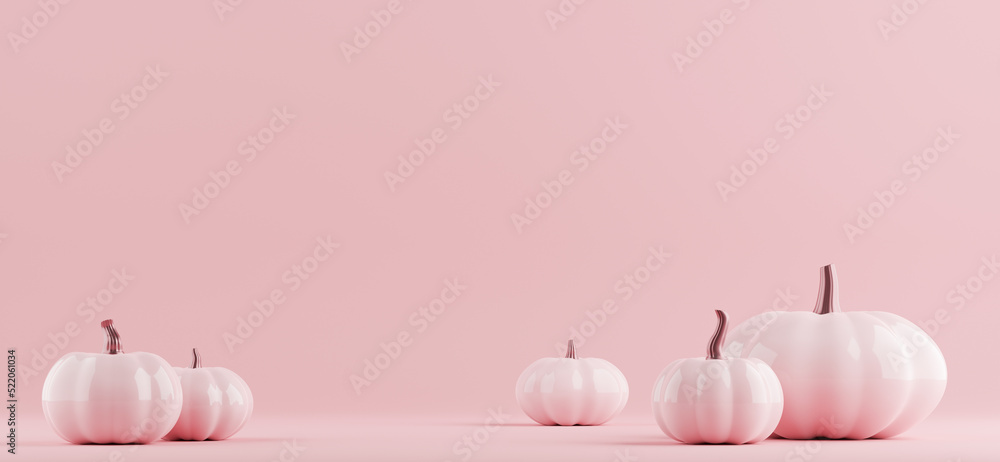 Pink pumpkins minimal Fall and Halloween banner with copy space. 3d ...