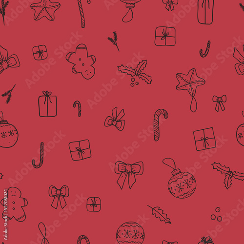 Vector seamless pattern with presents, Christmas balls, bows, candies. For fabric and pajamas, web page background, scrapbooking album, gift and wrapping paper,  greeting cards, winter decorations.