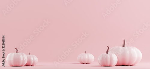 Pink pumpkins minimal Fall and Halloween banner with copy space. 3d rendering