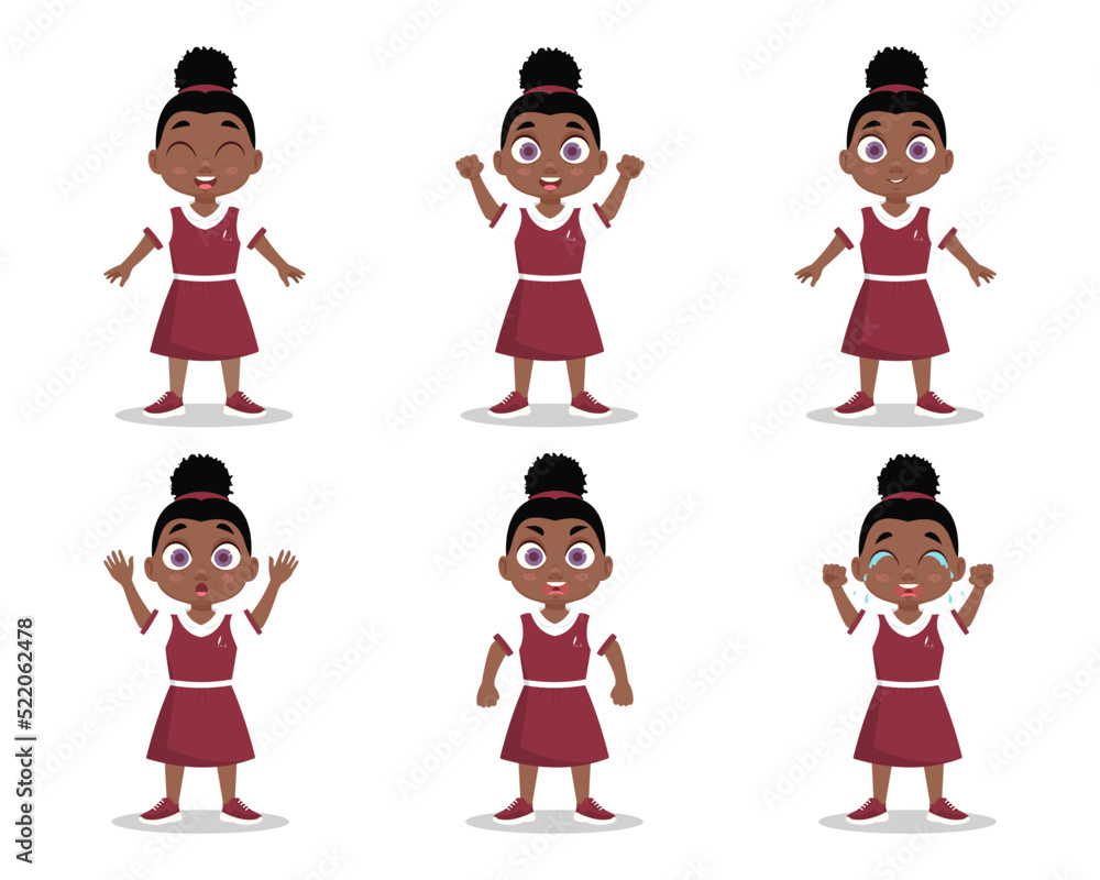 Set of cute girl, different emotions, school uniform. Vector illustration Set of cute girl, different emotions, school uniform. Vector illustration