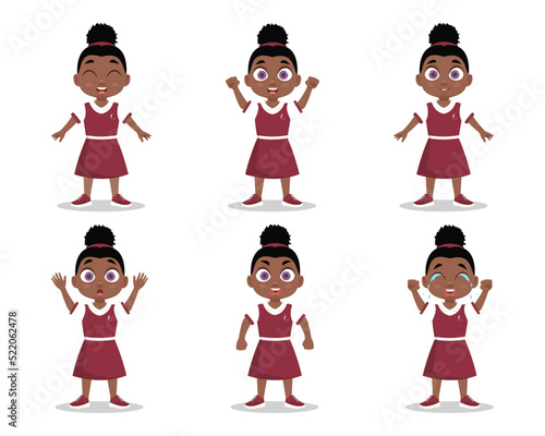 Set of cute girl, different emotions, school uniform. Vector illustration