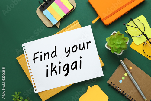 Find Your Ikigai . yellow notepad with text on white paper on a green background photo