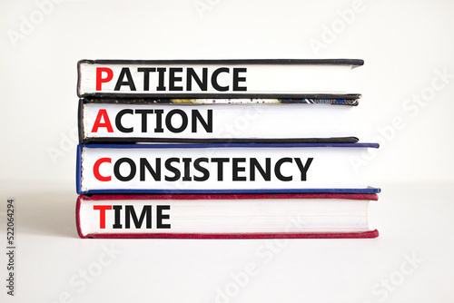 PACT patience action consistency time symbol. Concept word PACT patience action consistency time on books beautiful white background. Business PACT patience action consistency time concept. Copy space
