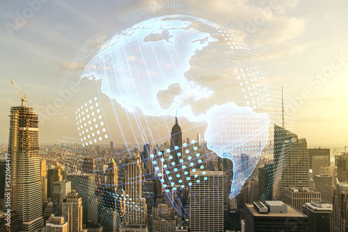 Virtual digital map of North America on New York city skyline background, international trading concept. Multiexposure