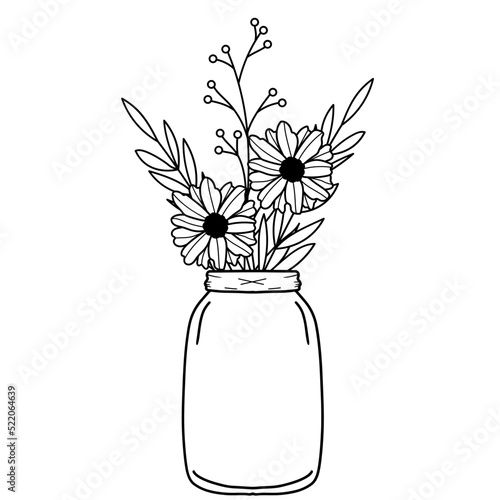 illustration of flowers in a vase beautiful flowers in glass jar hand painted vector wedding greeting card