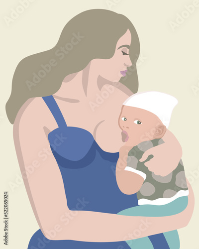 Vector illustration of young woman with long blond hair in blue dress breastfeeding her little child. World Breastfeeding Week.