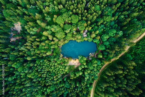 Fototapeta Naklejka Na Ścianę i Meble -  Blue lake in the middle of green forest, aerial view. Wild colorful lake in mountain park in Poland. Beautiful nature landscape