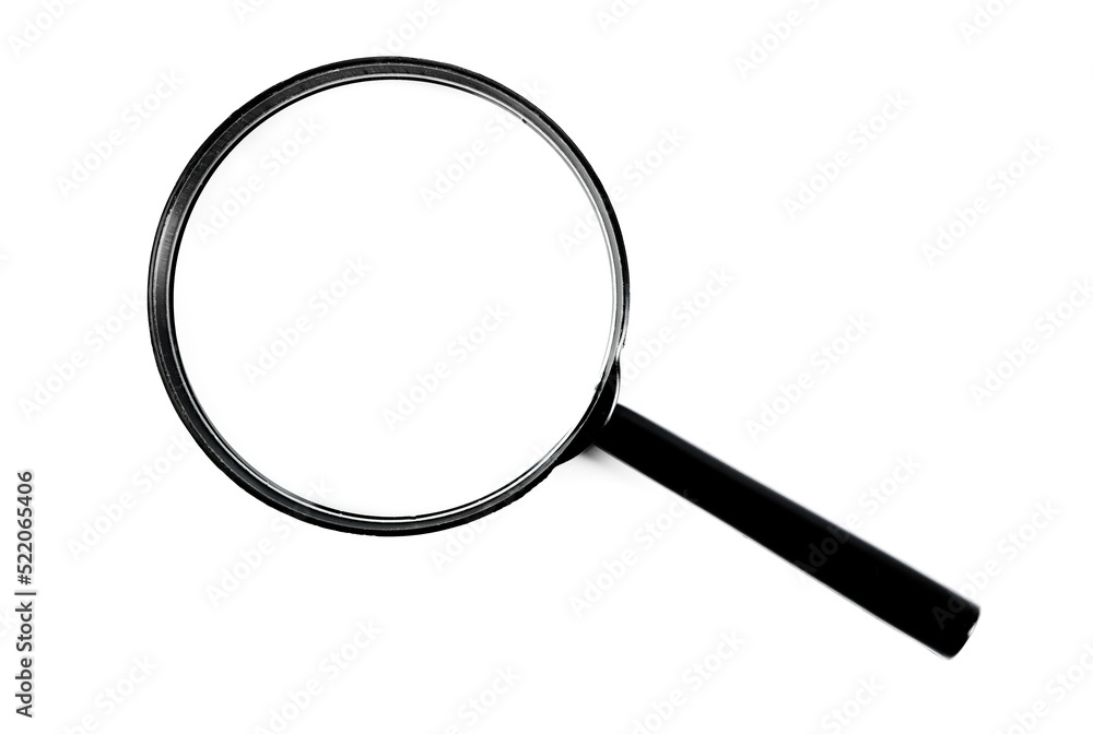 Black magnifying glass isolated on white background. Top view close-up.