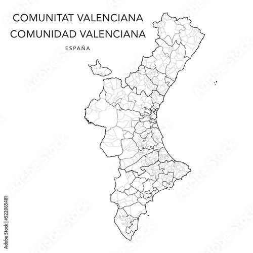 Geopolitical Vector Map of the Valencian Community (Comunitat Valenciana) with Provinces, Jurisdictions (Partidos Judiciales), Comarques (Comarcas) and Municipalities (Municipios) as of 2022