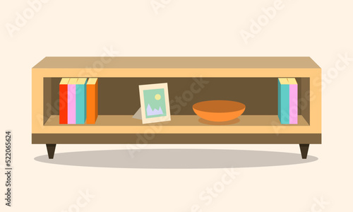 Ilustración de estante horizontal con libros y un cuadro. Interior de casa. Habitación con mueble.
