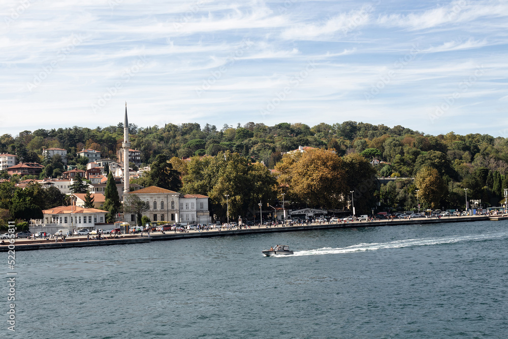 Obraz premium View of a boat passing on Bosphorus and Emirgan neighborhood on European side of Istanbul. It is a sunny summer day. Beautiful travel scene.