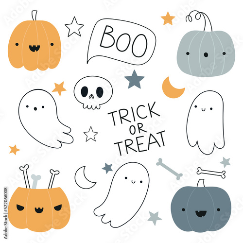 set with handwritten text and cute halloween symbols ghosts, pumpkins, skull and stars.