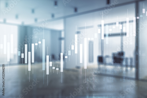 Multi exposure of abstract virtual financial graph hologram on a modern furnished office background  forex and investment concept