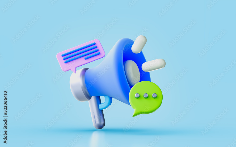 megaphone with message chat sign 3d render concept for loud communication performance on stage megaphone with message chat sign 3d render concept for loud communication performance on stage
