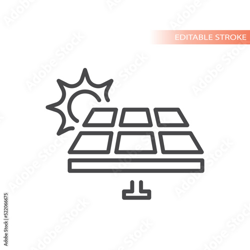 Solar photovoltaic panel line vector icon. Sun and cell photo-voltaic system outlined symbol.
