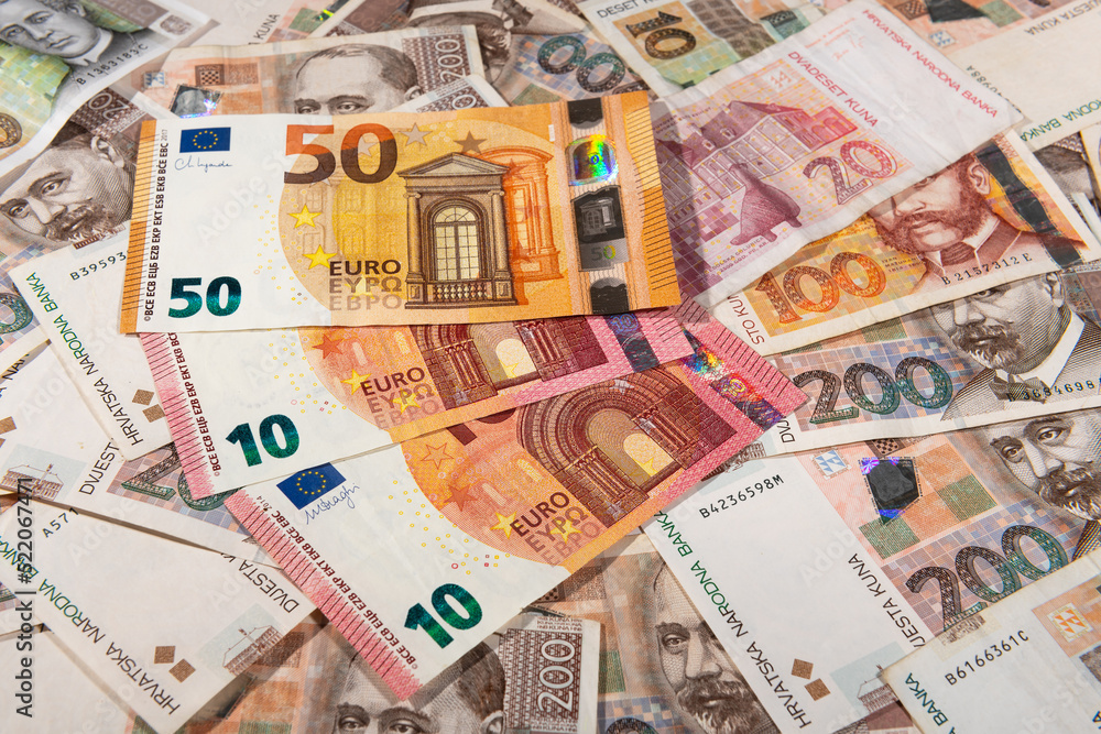 Euro banknotes and Kuna Croatian currency background Euro banknotes and Kuna Croatian currency background