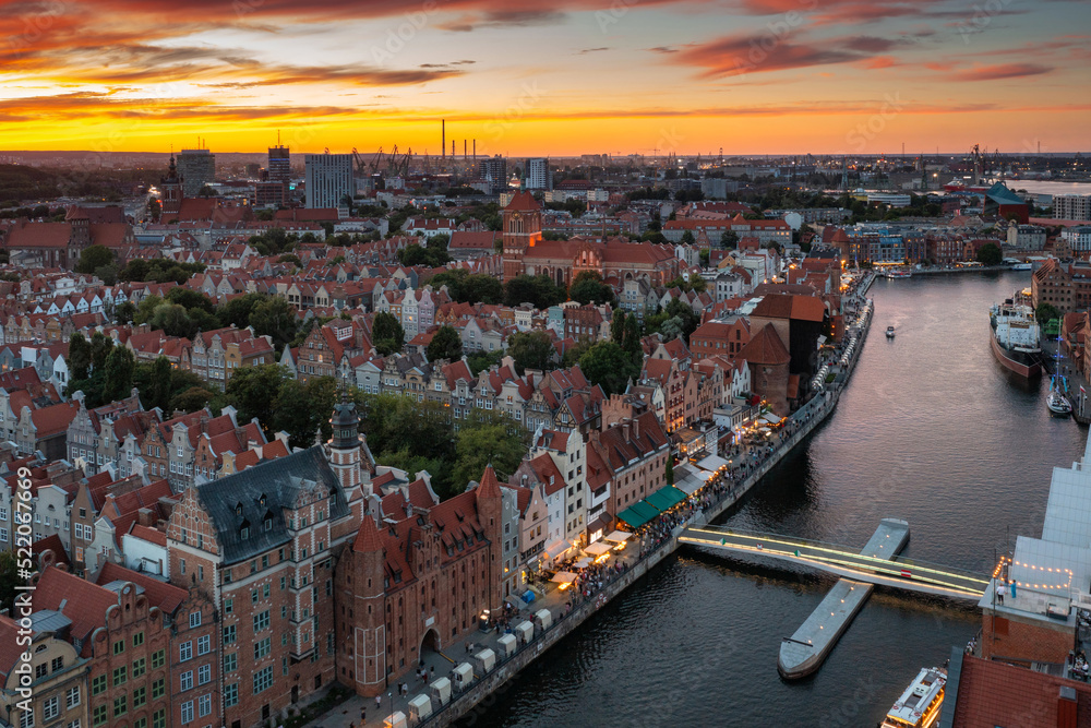 Beautiful Gdansk over the Motlawa river at sunset. Poland