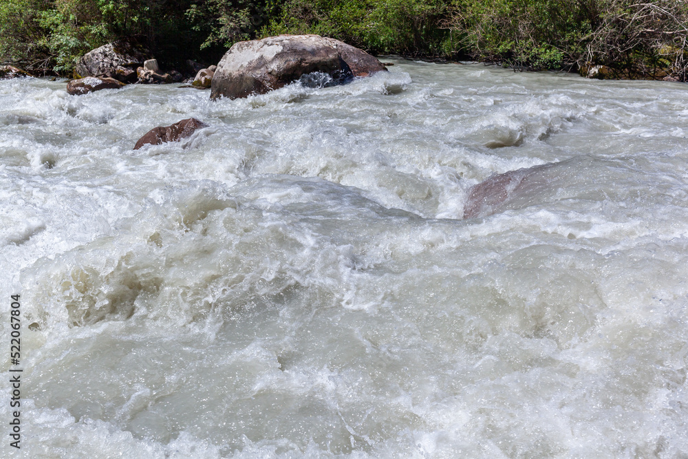 A beautiful stormy mountain river of milky hue flows rapidly among large stones and boulders near the mountains and the blue sky. The mountain river fascinates and attracts attention. 