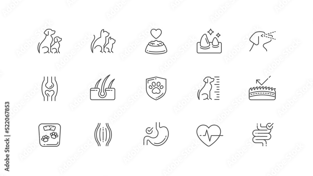 Fototapeta premium Minimal veterinary icon set. Outline pet care icon collection. Simple line vector illustration.