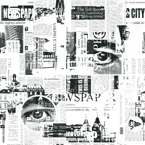 Abstract seamless pattern with newspaper and magazine clippings in grunge style. Monochrome vector background with imitations of text, illustrations, headlines. Wallpaper, wrapping paper, fabric photo