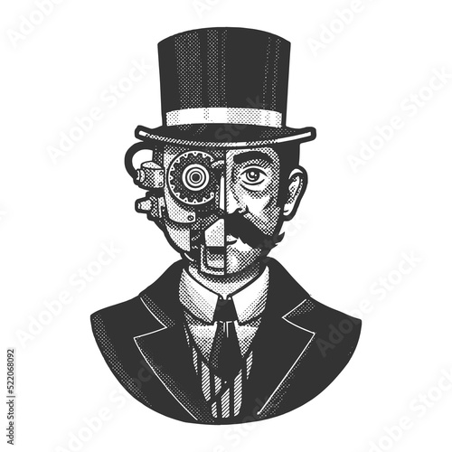 Gentleman half cyborg steampunk sketch halftone pattern vector illustration. Scratch board imitation. Black and white hand drawn image.