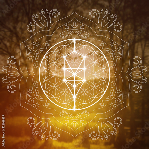 Flower of life sacred geometry zentangle inspired design template with oriental tribal ornaments. Ornamental new age art.