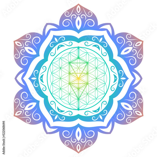 Tree of life and flower of life sacred geometry zentangle inspired design template with oriental tribal ornaments. Psy trance psychedelic style  ornamental new age art.