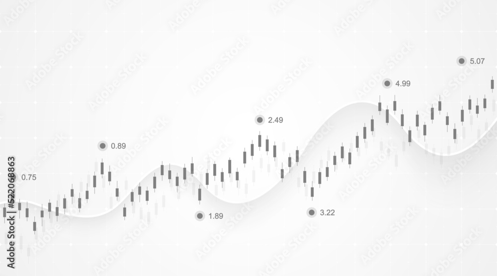 Financial data graph chart on grey background. Business background with candlesticks chart for reports and investment. Financial market trade concept.